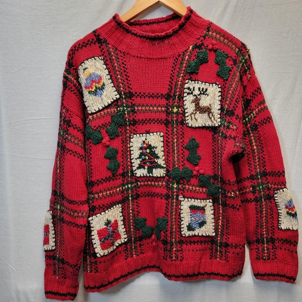 Vtg Robert Scott Sweater Hand Knitted‎  Holly Christmas Size Medium